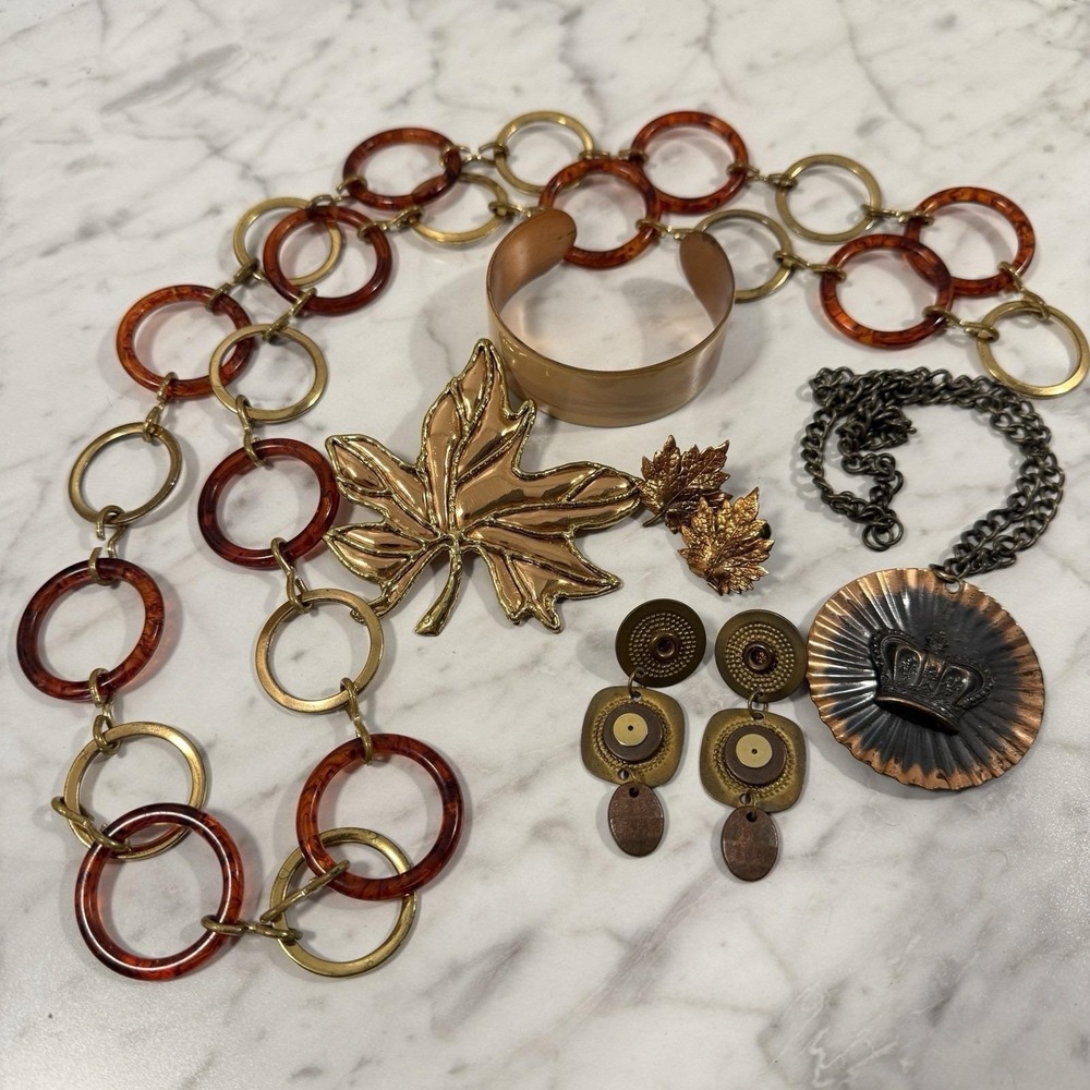 Vtg Copper Brass Jewelry Lot 6 pc Necklace Cuff Earrings Brooch MCM Acrylic